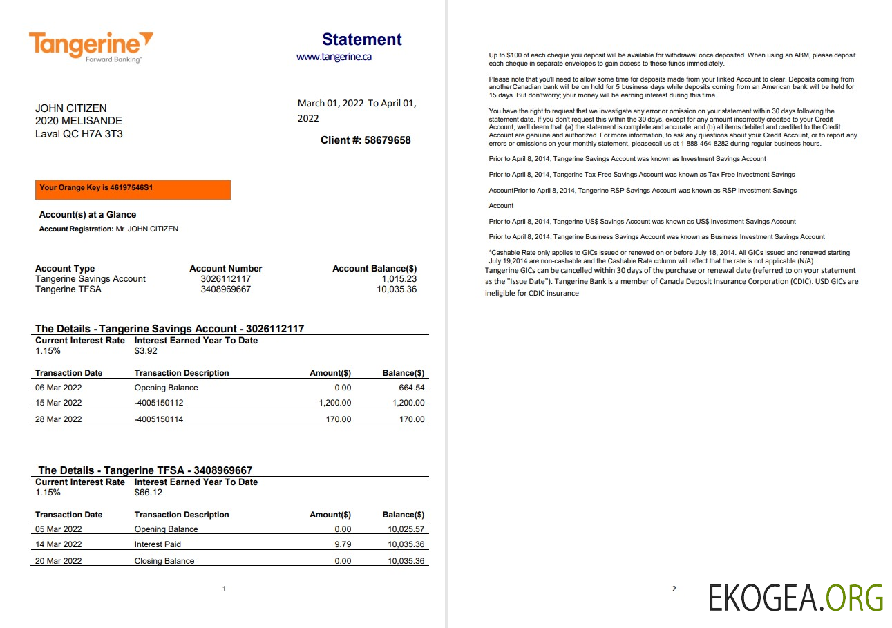 Relevé bancaire Canada Tangerine template